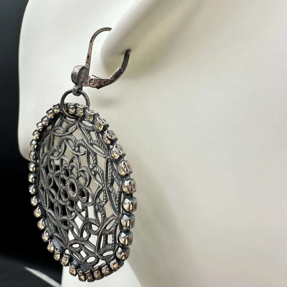 VTG‎ Oxidized Dangle Earrings Brown Rhinestone Filigree Flower Circle Statement